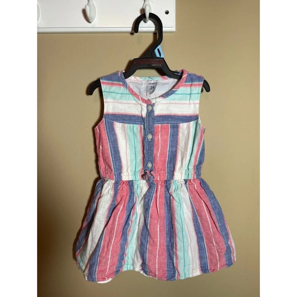 Carter's Blue Red White Striped Lined Linen Cotton Dress 24M 4011